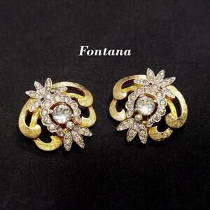 Vintage Fontana Gold Plated Clip-on Earrings, Clear Rhinestones, 1 Inch